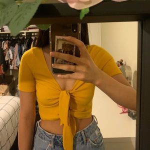 Yellow Ribbed Tied-Up Crop Top